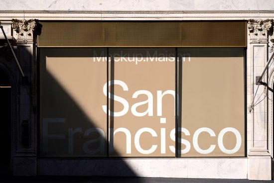 San Francisco storefront mockup featuring large beige and white letters for versatile branding presentation ideal for designers, graphic assets, templates.