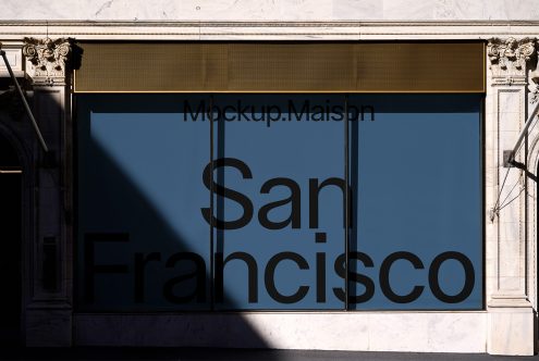 Storefront window mockup featuring bold San Francisco text overlay. Ideal for graphic designers, templates, and mockups. Enhance presentations with urban aesthetics.