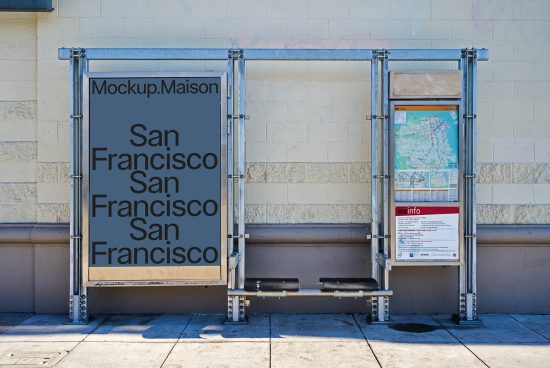 Outdoor bus stop bench with blank advertisement billboard mockup for showcasing design projects, placed against a brick wall, clear blue sky above.