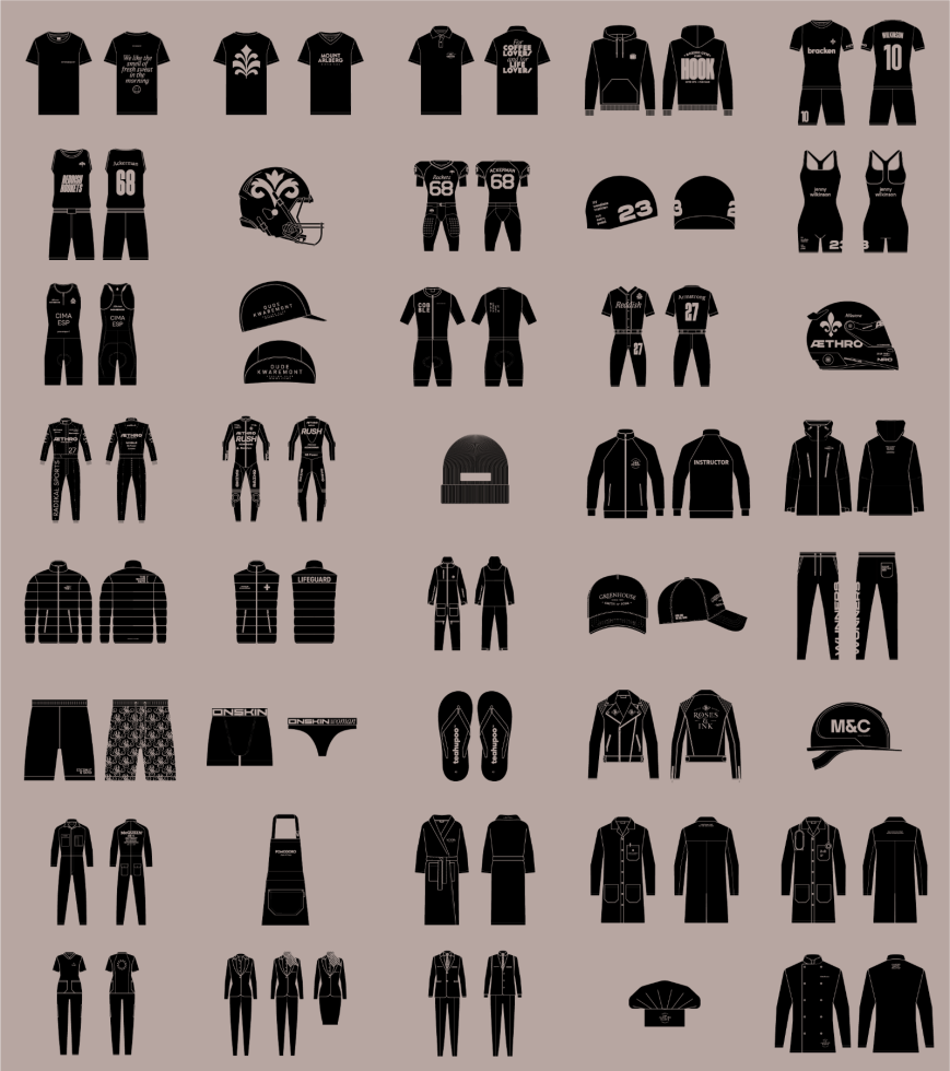 Alt text: Collection of sportswear and casual clothing silhouettes including shirts, hats, jackets, pants, swimwear, and uniforms for digital design mockups and templates.