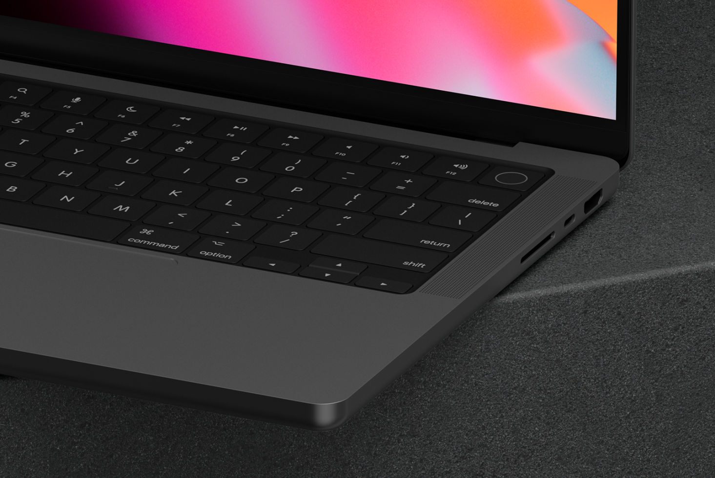 Laptop closeup mockup, highlighting sleek keyboard and vibrant screen, ideal for showcasing web designs, app interfaces, and digital assets for designers.