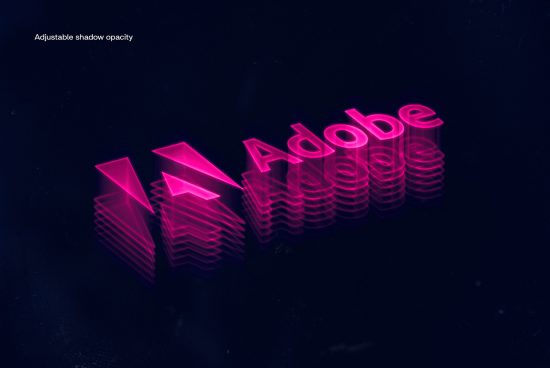 Neon Adobe 3D text logo with adjustable shadow opacity effect. Suitable for graphic design, digital assets, mockups, templates, and visual branding.