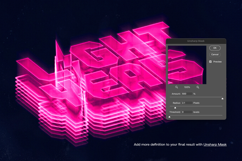 3D neon text effect in pink with Unsharp Mask settings overlay. Digital asset for designers searching fonts, typography templates, or graphics for mockups.