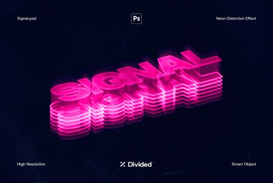 Neon distortion effect mockup featuring vibrant pink 3D text with multilayered glow, high resolution and smart object compatibility, perfect for designers.
