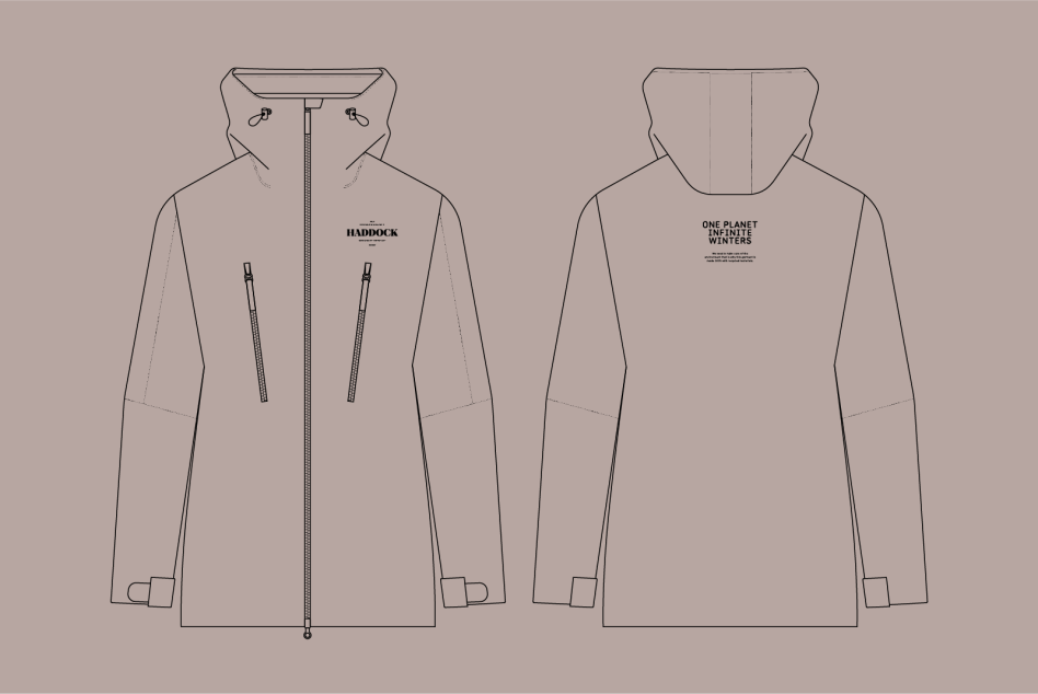 Front back technical drawing of light gray zip jacket with multiple pockets