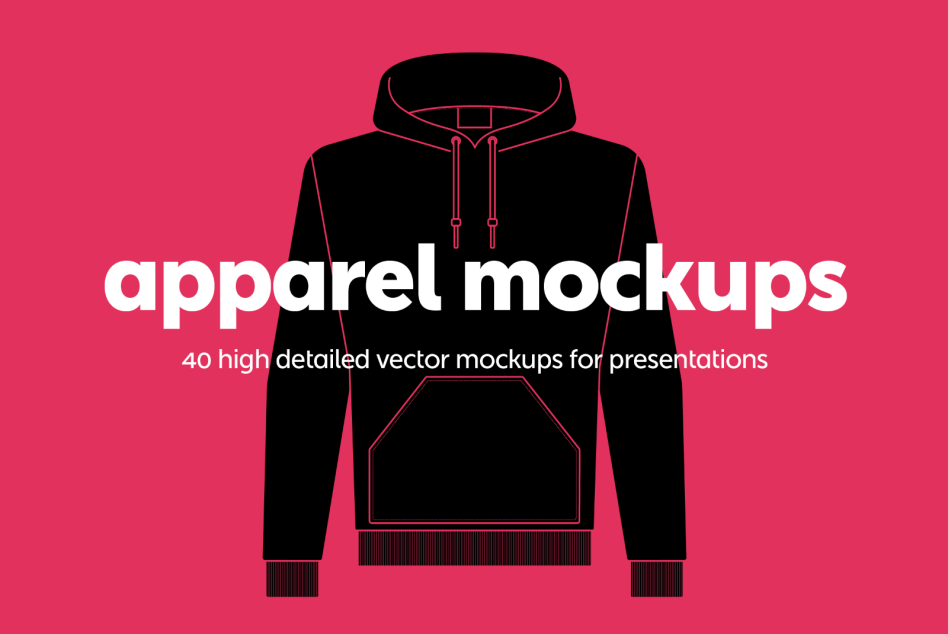Black hoodie mockup on bright pink background with outline showing placement areas