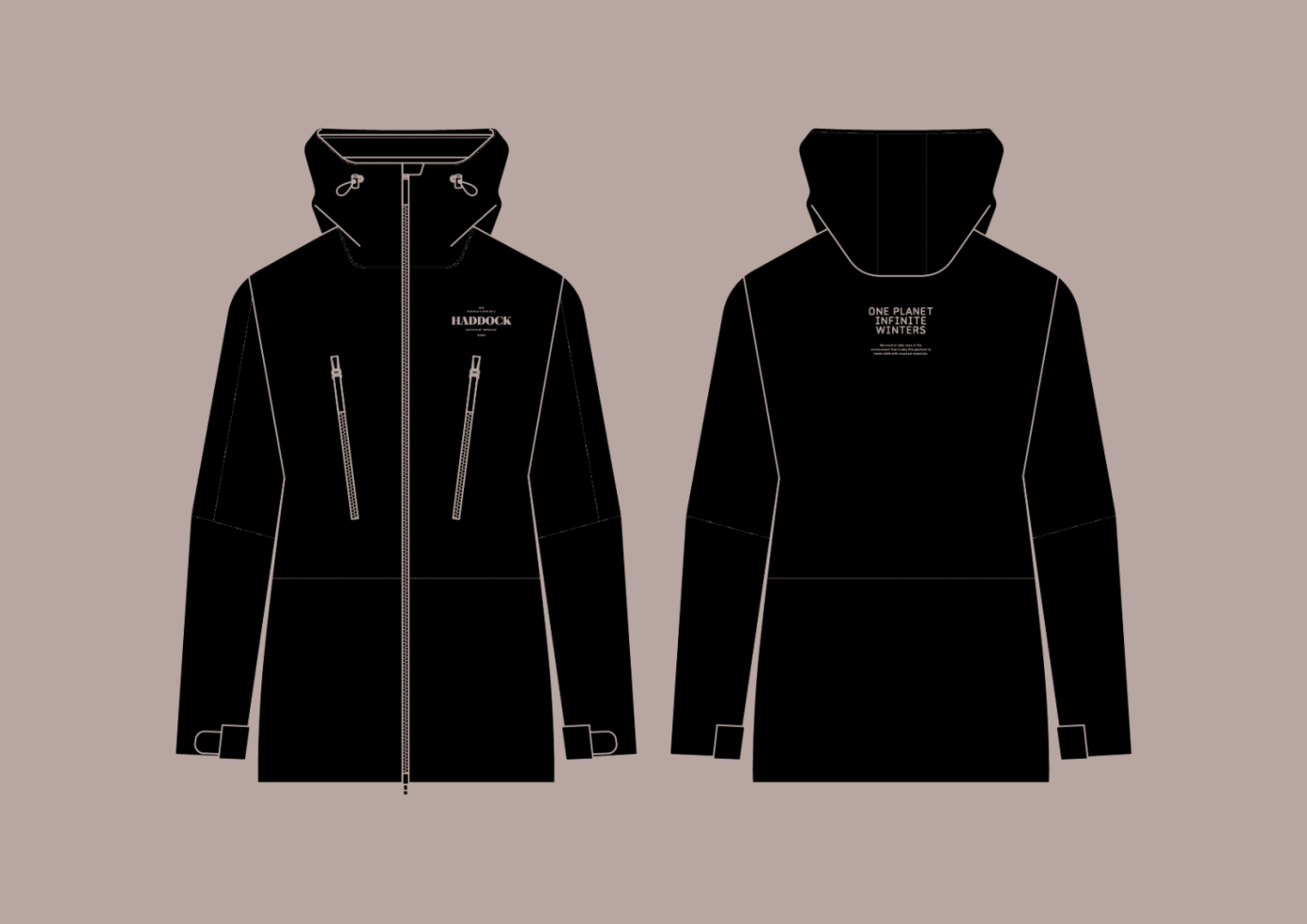 Black hooded jacket design template showcasing front and back views suitable for apparel branding, fashion mockups, and design projects for designers.