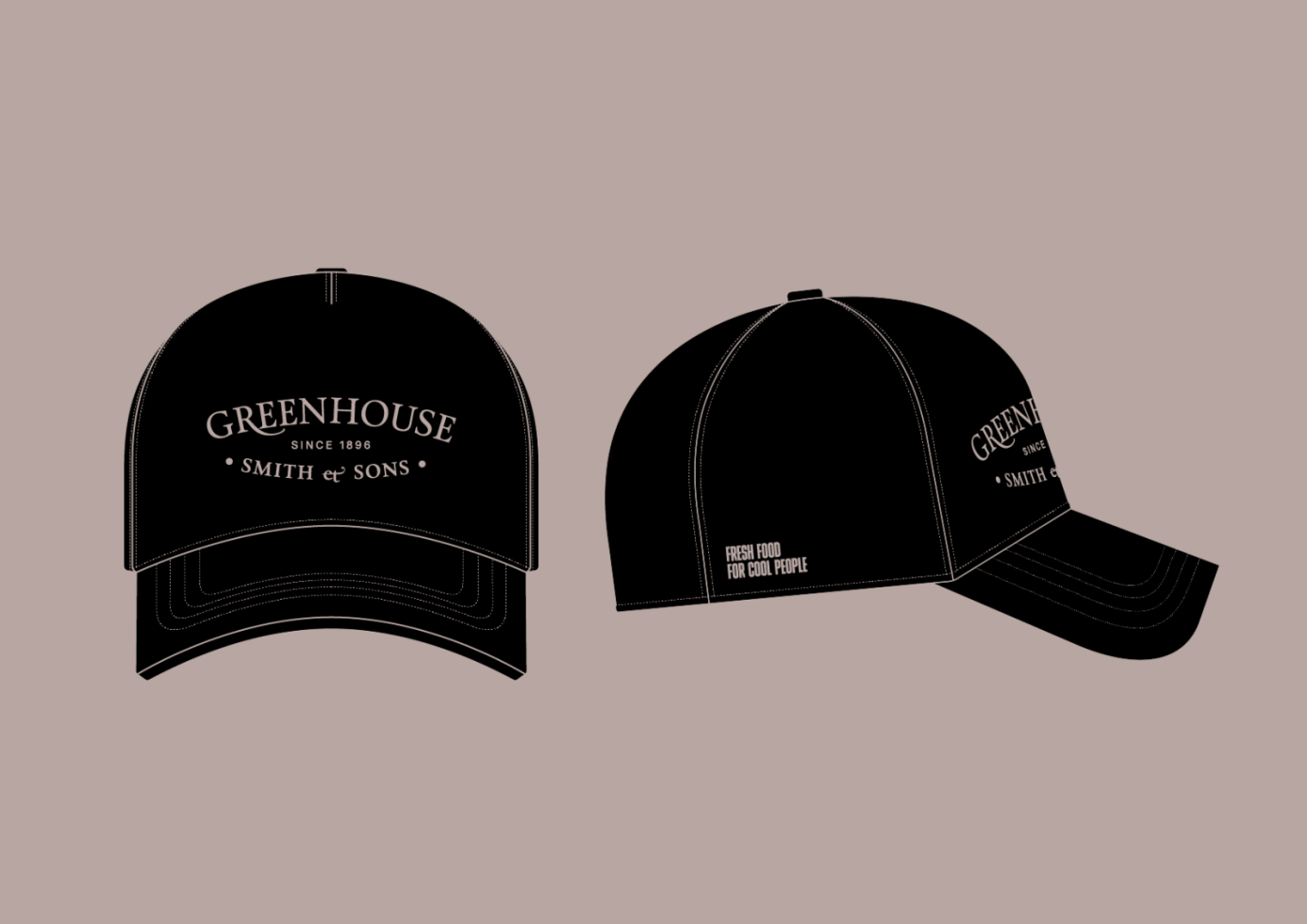 Black baseball cap mockup with front and side views. Cap features "Greenhouse Smith & Sons" text. Ideal for designers. Keywords: cap mockup, hat design, template.