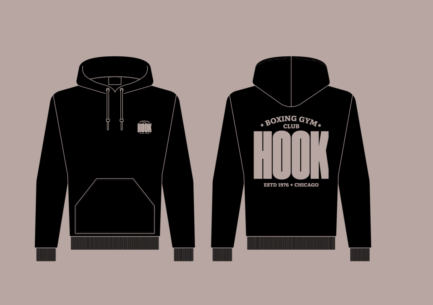 Black hoodie mockup front and back views with Boxing Gym Club Hook logo design suitable for apparel templates and clothing graphics showcasing branding.