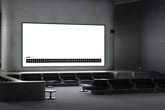 Modern presentation room mockup with large blank projection screen, stylish seats, and minimalist design for graphic templates display.