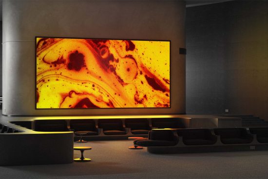Modern conference room with abstract art on large screen, stylish interior design mockup with seating and lighting.