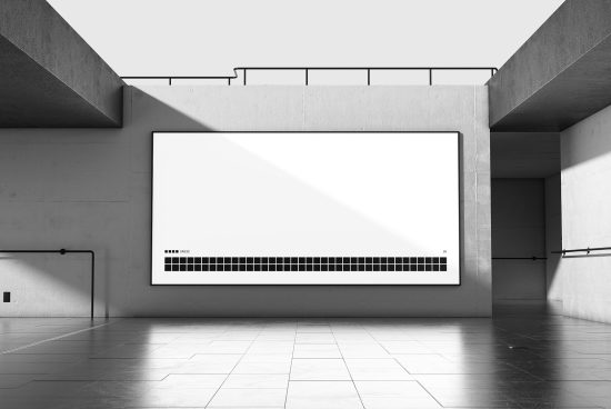 Minimalistic poster mockup in a modern gallery setting with shadow play, ideal for presentations and portfolio displays for designers.