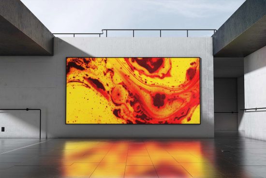 Vibrant abstract art showcase, modern gallery mockup with reflection, minimalist interior, graphic design element.