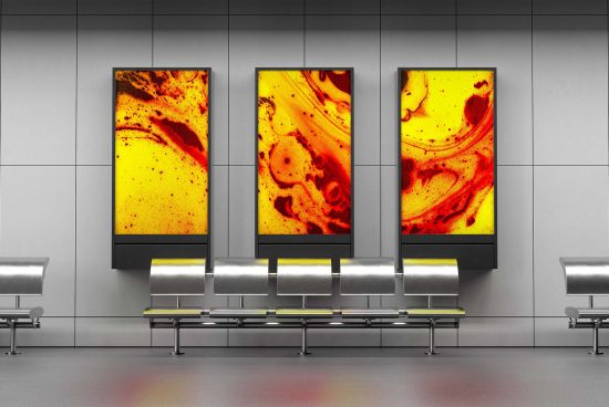 Abstract art gallery mockup in minimalist interior with benches, modern display advertising, design elements for presentations. Graphics category.