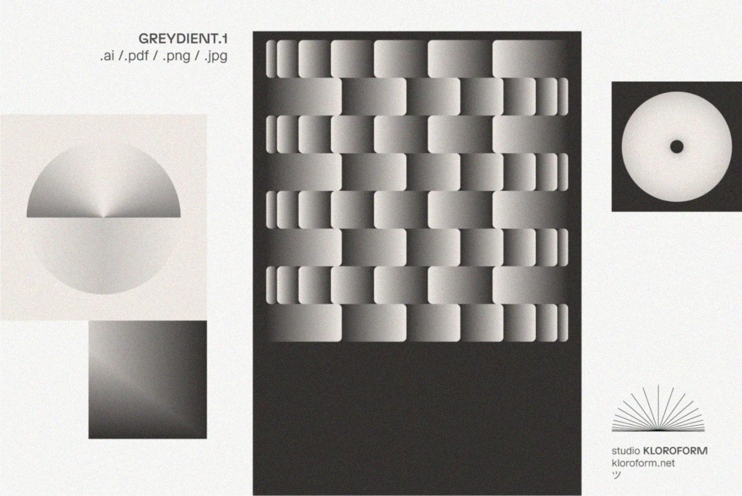 Greydient abstract vector graphics for designers. Includes various grayscale gradients in AI PDF PNG JPG formats. Ideal for mockups templates and graphics.