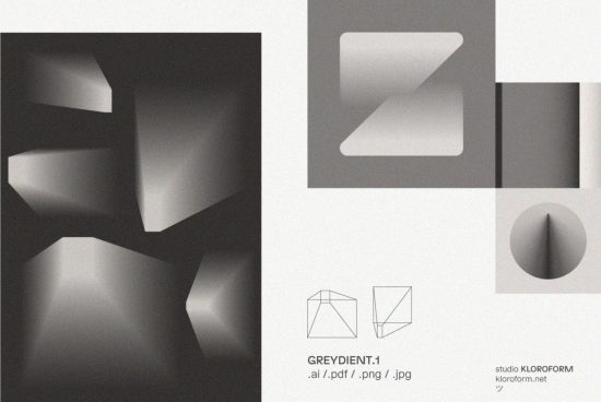 Abstract gray geometric gradient graphics in multiple file formats AI PDF PNG JPG for designers; digital assets for modern designs and templates.