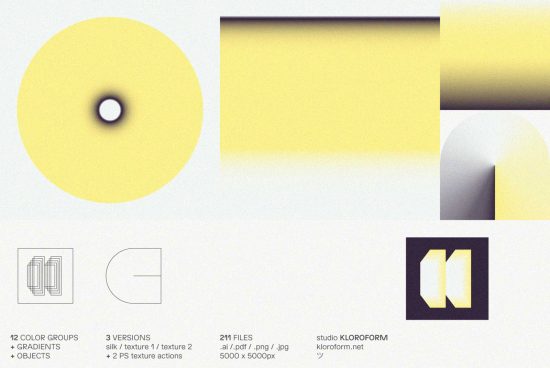 Abstract yellow gradients and textures graphic design pack from Kloroform, including silk, texture variations, and Photoshop actions for designers.