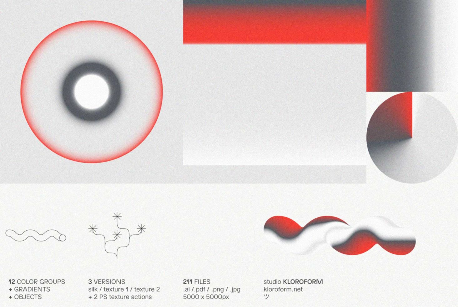 Abstract design elements with textures and gradients, red and grey, high-resolution digital assets for designers, includes PSD, AI files.