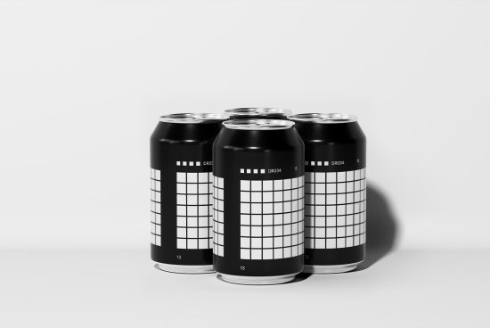Set of four black aluminum cans with a grid pattern, perfect for designers. Ideal for showcasing branding concepts or packaging designs. Mockup.