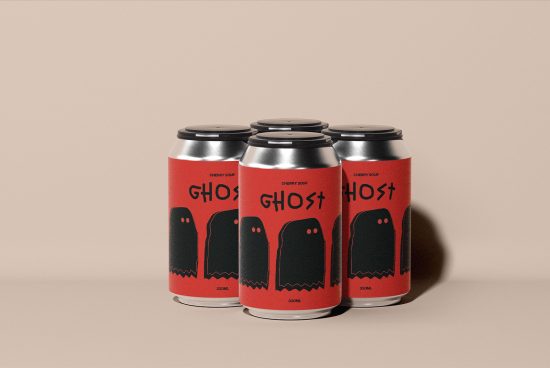 Four cans of Cherry Sour Ghost beer with red labels featuring simple ghost illustrations. Perfect for product design mockups and packaging templates.