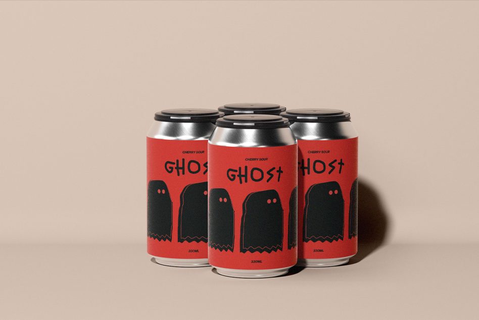 Four cans of Cherry Sour Ghost beer with red labels featuring simple ghost illustrations. Perfect for product design mockups and packaging templates.