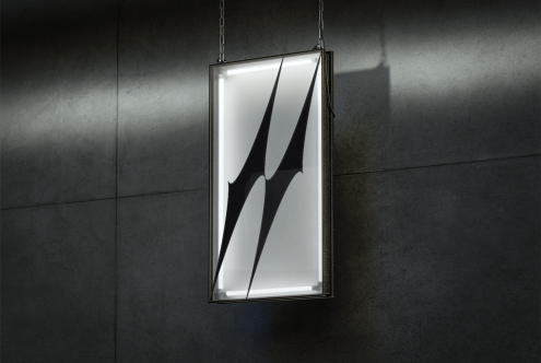 Rectangular lightbox mockup hanging on a wall. Ideal for showcasing designs graphics and signage. Sleek frame with modern lighting perfect for interior designers.