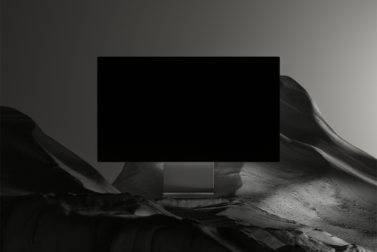 Dark landscape computer monitor mockup for designers; abstract minimalistic background for digital assets marketplace; enhance mockups, templates, graphics projects.
