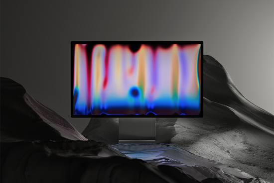Abstract digital art on a screen with vibrant colors in a dark rocky environment, suitable for mockups, graphics, templates, and digital design assets.