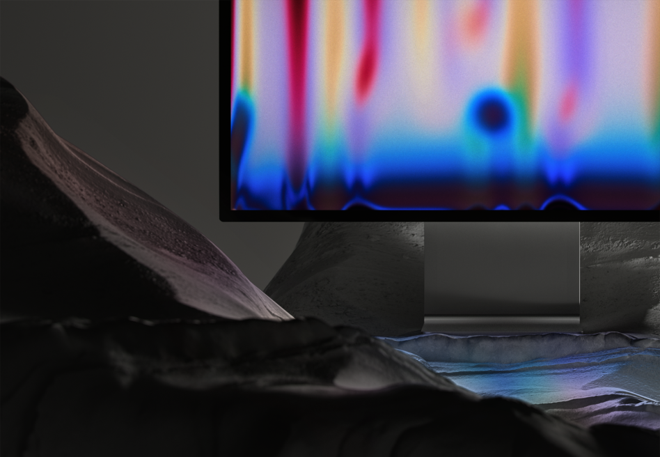 Abstract digital art showcasing colorful gradients on a sleek monitor with a dark, rocky background. Perfect for mockups, digital assets, graphics, designers.