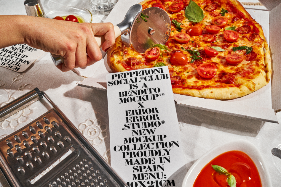 Hand holding a pizza cutter over a pepperoni pizza. Menu displaying new mockup collection by Bendito Mockup. Digital asset for designers on Marketplace.