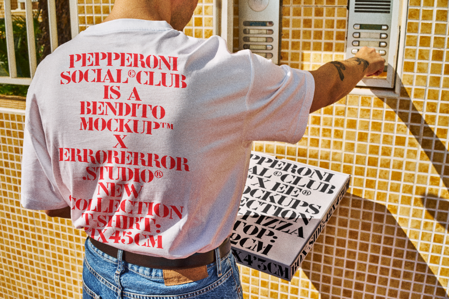 Man wearing a t-shirt with red text promoting Bendito Mockup x Errorerror Studio. Keywords: mockup, t-shirt, graphics, design, templates, collection