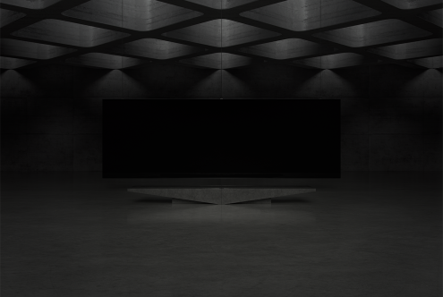 Minimalistic dark mockup featuring a large blank screen in a sleek, modern room illuminated by soft ceiling lights. Ideal for product presentations, digital assets.