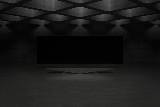 Minimalistic dark mockup featuring a large blank screen in a sleek, modern room illuminated by soft ceiling lights. Ideal for product presentations, digital assets.