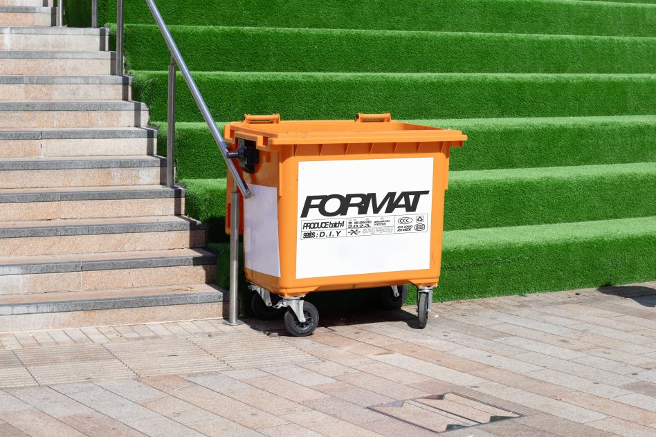 Orange trash container beside stairs with green artificial grass background ideal for template design environmental graphics mockup SEO design elements