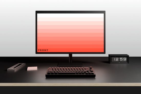 Modern computer workstation mockup with gradient screen, black keyboard, and digital clock; ideal for designers seeking sleek workspace assets for projects.
