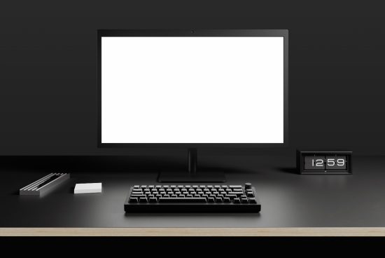 Minimalist desk mockup featuring a blank monitor, keyboard, digital clock, pen holder, sticky notes; perfect for showcasing branding, website designs.