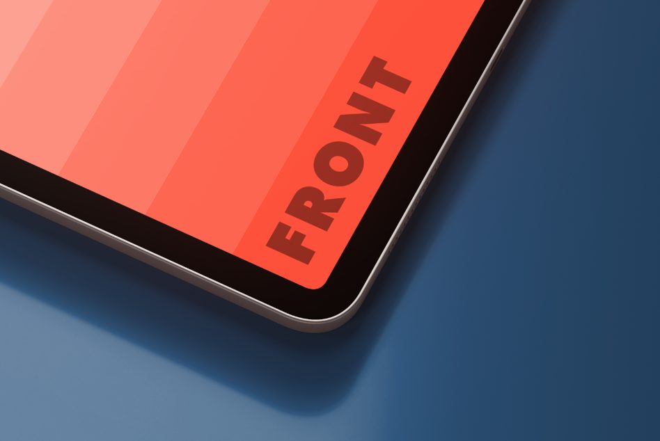 Close-up of tablet mockup with red screen labeled FRONT, perfect for design presentations, showcasing digital assets, and creating realistic mockups.