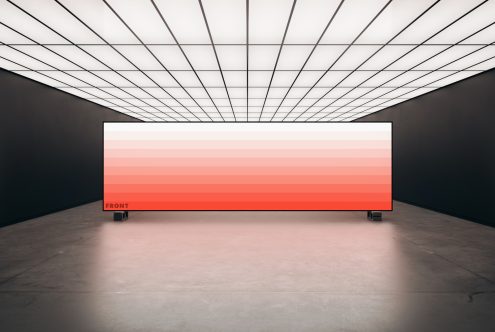 Gradient poster mockup in a modern gallery with grid ceiling lights. Perfect for showcasing graphic designs, templates, or digital art in a professional setting.