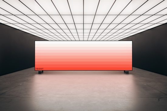 Gradient poster mockup in a modern gallery with grid ceiling lights. Perfect for showcasing graphic designs, templates, or digital art in a professional setting.