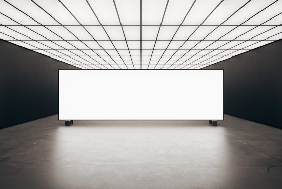 Minimalist mockup of a large indoor billboard with a white light grid ceiling. Perfect for showcasing designs and advertisements in a modern setting.