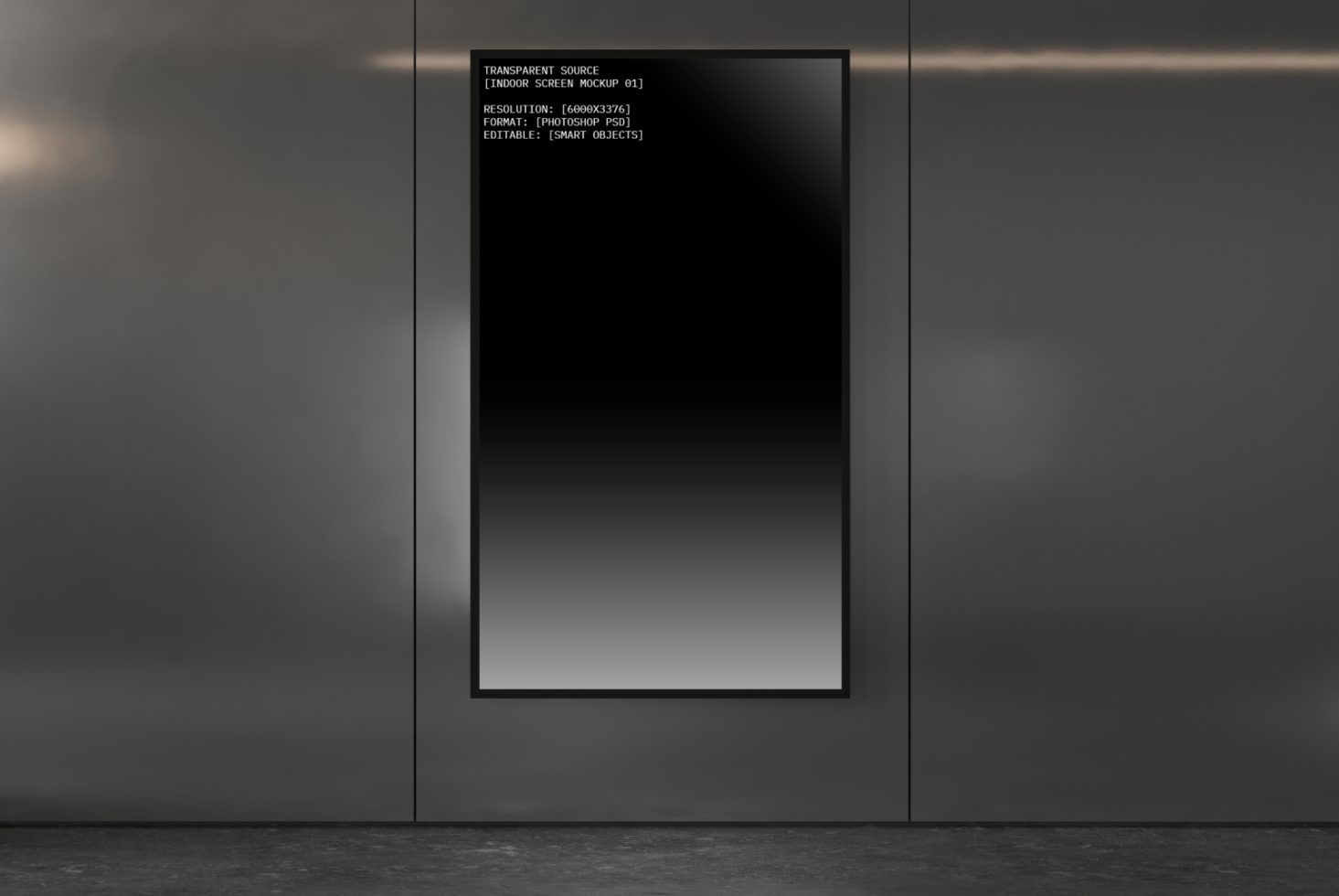 Indoor screen mockup 01 in a modern dark-themed interior. High-resolution PSD file with smart object. Ideal for graphics, mockups, templates.