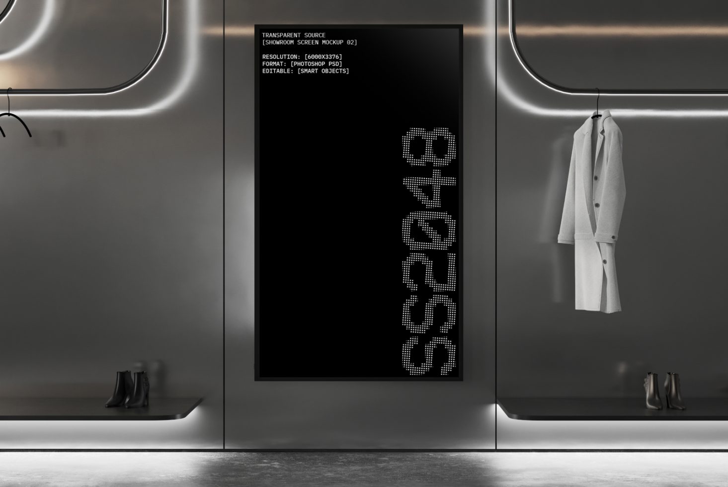 Modern showroom screen mockup featuring a sleek, reflective surface with a hanging white coat and black boots. Perfect for designers' mockups and templates.