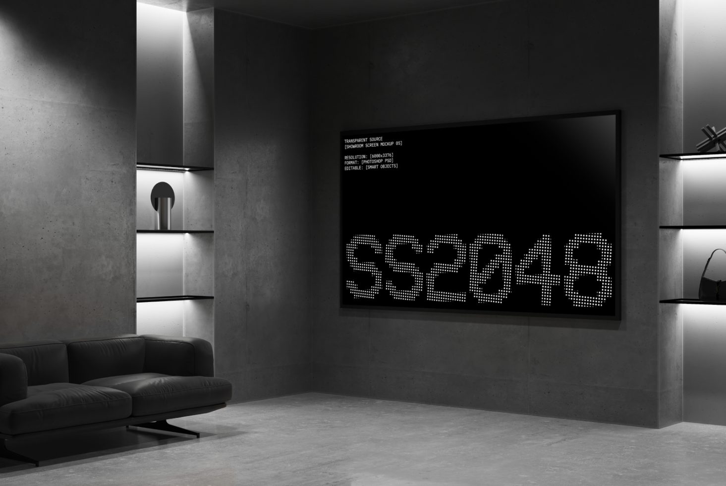 Modern minimalist living room with a large black screen mockup displaying SS2048. Design features include concrete walls, a black sofa, and illuminated shelves.