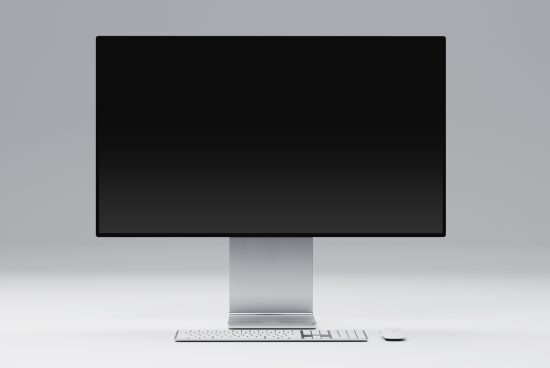 Minimalist desktop setup mockup featuring a blank screen monitor, a sleek keyboard, and a mouse on a white background. Ideal for technology and design websites.