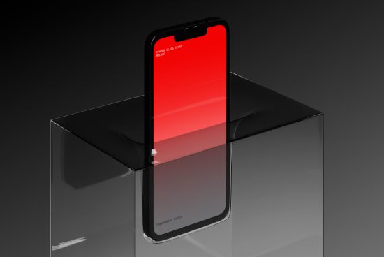 iPhone glass stand mockup with vibrant red screen on a transparent base ideal for showcasing mobile UI designs and app interfaces for digital designers