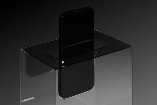 Minimalist smartphone mockup with sleek design on reflective black surface. Perfect for showcasing app designs, wallpapers, or digital creations for designers.