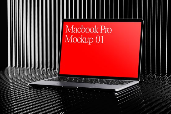 MacBook Pro Mockup 01 with red screen on reflective black surface ideal for designers looking for digital assets mockups templates graphics high-quality resources
