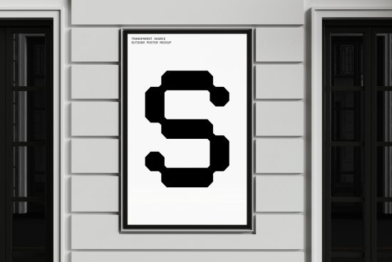 Outdoor poster mockup featuring a bold black geometric letter S on a white brick facade background. Ideal for designers looking to showcase fonts or graphics.