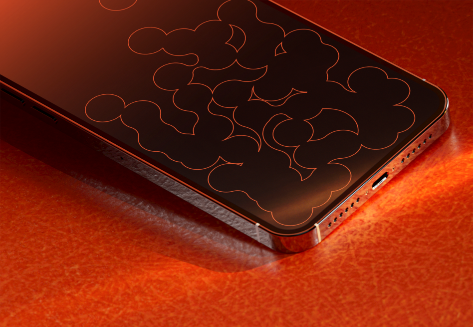 Close-up of smartphone mockup on a textured surface with abstract cloud pattern on the screen, ideal for designers. Keywords: smartphone, mockup, design, abstract.