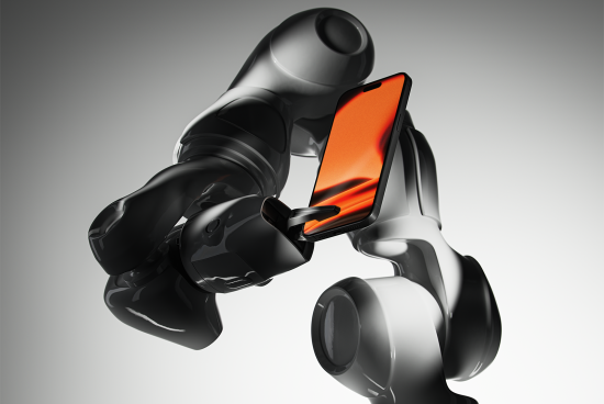 Futuristic robotic arm holding a smartphone mockup with an orange screen for designers of digital assets. Ideal for technology and modern product presentations.
